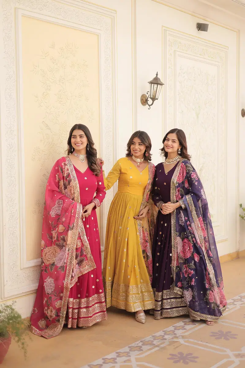 KA 1103 Embroidery Faux Georgette Gown With Dupatta Wholesale Price In Surat